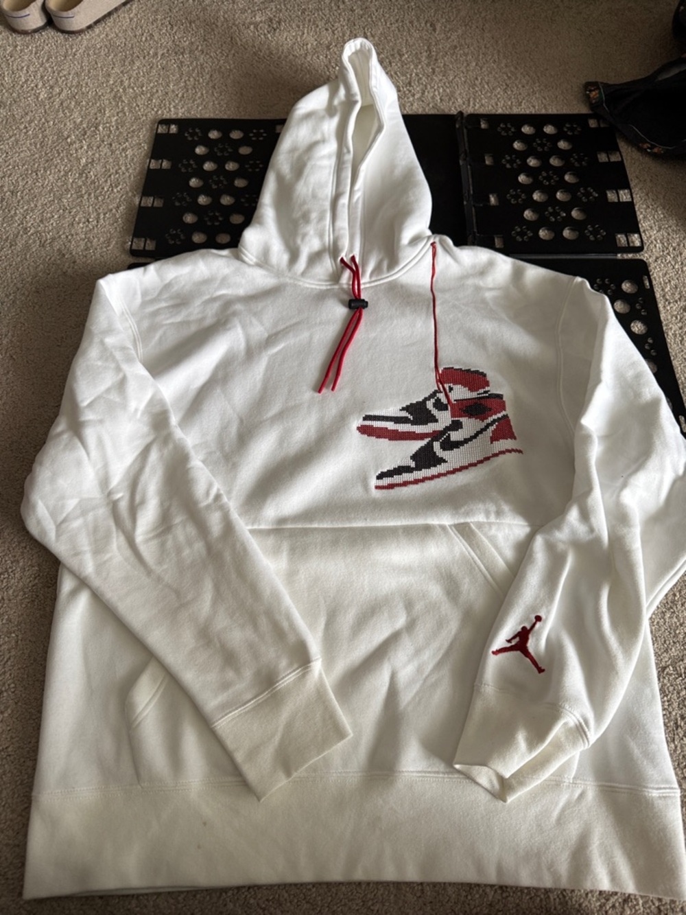 Jordan White Hoodie with Red and Black Sneaker Graphic